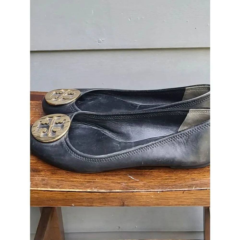 Tory Burch Black Reva Black Leather Ballet with Gold Logo size 9M